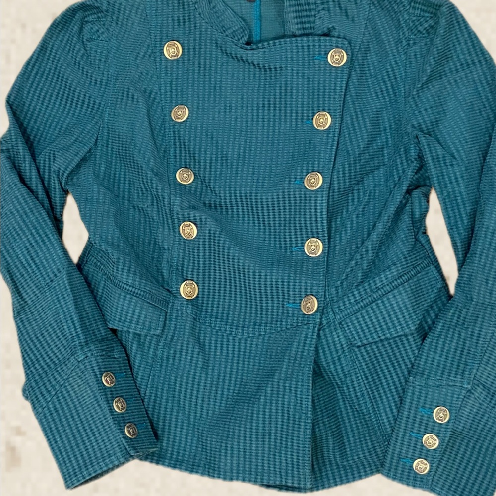 CAbi Teal Double-Breasted Blazer with Gold Buttons